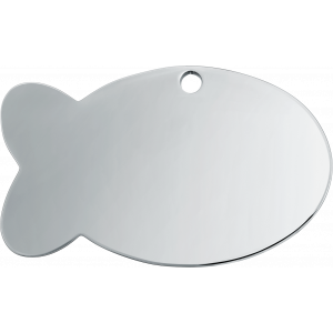 Kleine zilveren visvormige penning van 30 x 20 mm, roestvrij staal, met bovenste gat voor bevestiging aan halsband.