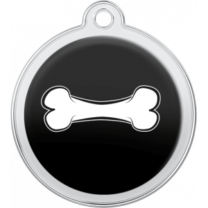 Hondenpenning Bot Ontwerp Zwart Zwarte ronde roestvrijstalen hondenpenning van 30 x 33 mm met wit botdesign en bovengat voor bevestiging aan halsband.