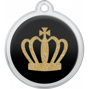 Zwarte ronde roestvrijstalen hondenpenning van 30 x 33 mm met glinsterende gouden kroon en bovengat voor halsband.