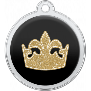 Zwarte ronde roestvrijstalen hondenpenning van 30 x 33 mm met glinsterende gouden kroon voor koningin en bovengat.