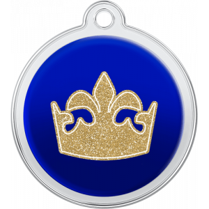 Blauwe ronde hondenpenning van roestvrij staal, 30 x 33 mm, met gouden glitter kroon voor koningin en bovengat.