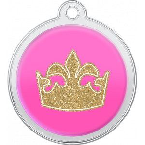 Hondenpenning Koninginnenkroon Design Roze Roze ronde roestvrijstalen hondenpenning van 30 x 33 mm met gouden glinsterkroon en gat voor halsbandbevestiging.