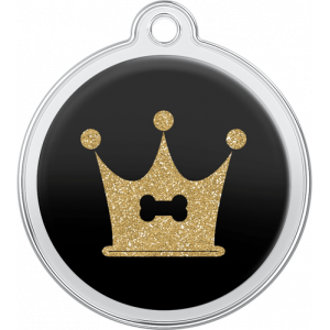 Zwarte ronde roestvrijstalen hondenpenning van 30 x 33 mm met gouden glitter kroon en botdesign, met gat voor halsband.