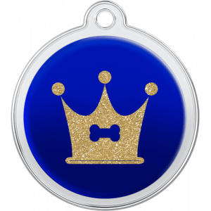 Blauwe ronde hondenpenning van roestvrij staal, 30 x 33 mm, met gouden glitter kroon en botje, met bovengat.
