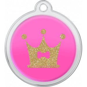Roze ronde roestvrijstalen hondenpenning van 30 x 33 mm met gouden kroon en botmotief, bovengat voor halsband.