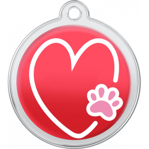 Hondenpenning Hart-Pootje Design Rood Rode ronde hondenpenning van roestvrij staal, 30 x 33 mm, met wit hart en roze pootafdruk, gat voor bevestiging.