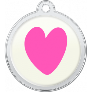 Hondenpenning Hart Ontwerp Roze Witte ronde roestvrijstalen hondenpenning van 30 x 33 mm met groot roze hart en bovengat voor bevestiging.