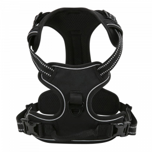 Zwart anti-trek hondentuigje met gevoerde borstplaat, reflecterende rand en voorste D-ring voor veilige lijnbevestiging.