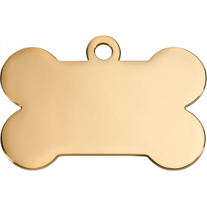 Gouden botvormige roestvrijstalen hondenpenning met glanzende afwerking, geschikt voor gravure aan beide zijden.