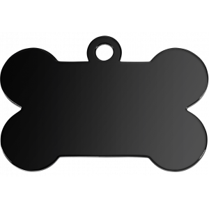 Zwarte botvormige roestvrijstalen hondenpenning met spiegelglans, personaliseerbaar met diepe lasergravure.
