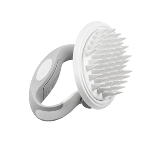 Witte hondenborstel met zachte siliconen haren en draaibaar grijs handvat, ideaal voor ontspannen en effectieve verzorging.