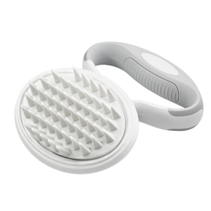 Afneembare hondenborstel met zachte borstelpad en grijs handvat, perfect voor losse haren en vachtmassage.
