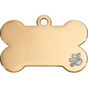 Hondenpenning Goud Bot Luxe Luxe gouden botvormige hondenpenning met kristallen pootdetail, roestvrij staal en gravure aan beide zijden.